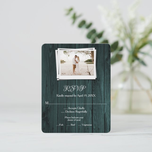 Teal Wooden Photo Wedding RSVP Card (Standing Front)