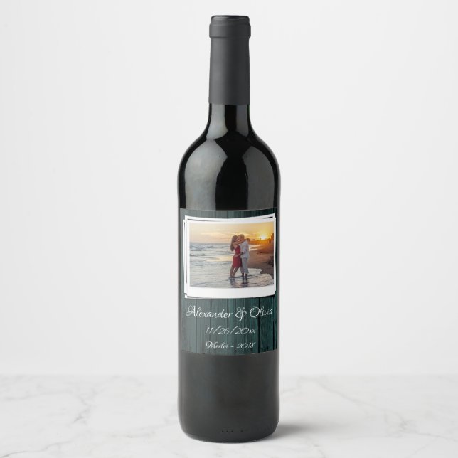 Teal Wooden Photo Wedding Wine Label (Front)
