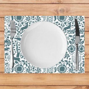 Teal Woodland Animals Floral Folk Art Cloth Placemat