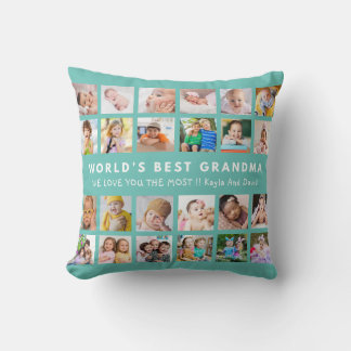 Teal World’s Best Grandma Grandkids 24 Photo  Throw Pillow