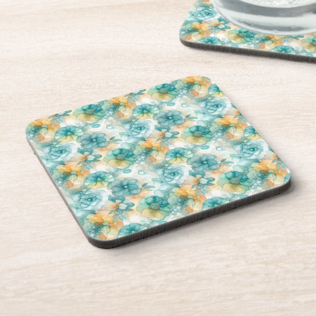 Teal Yellow Alcohol Ink Illustration  Beverage Coaster (Left Side)