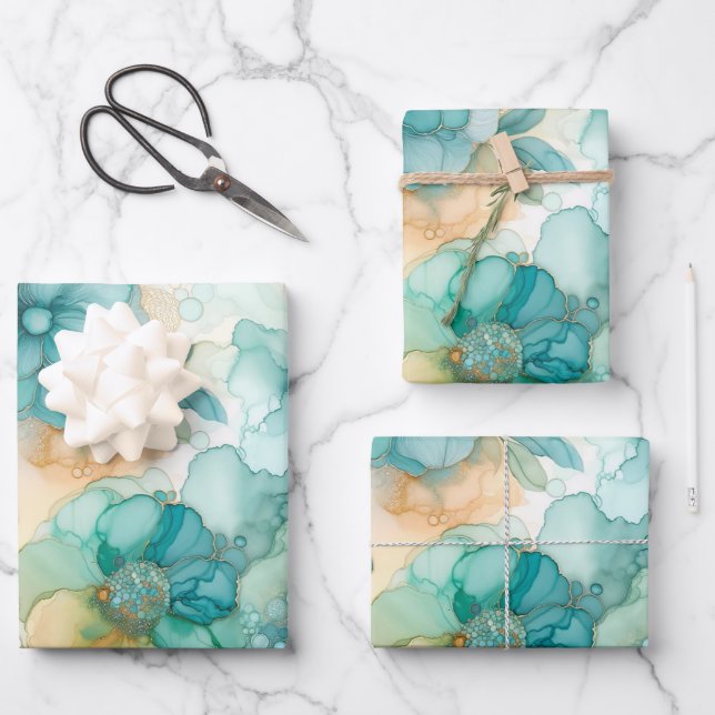 Teal Yellow Alcohol Ink Illustration Large Print Wrapping Paper Sheets (Front)