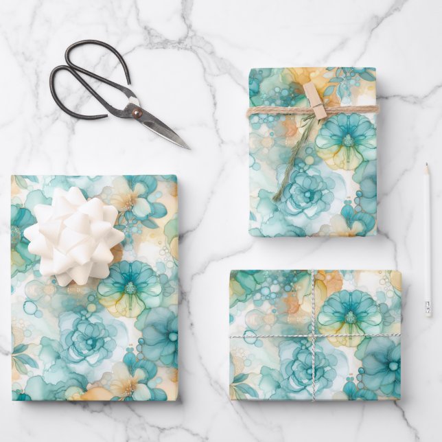 Teal Yellow Alcohol Ink Illustration Medium Print Wrapping Paper Sheets (Front)