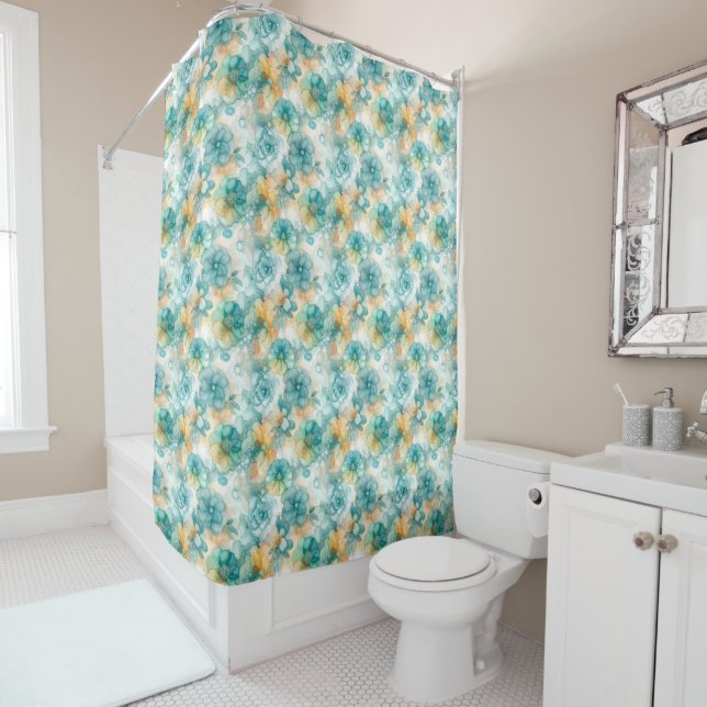Teal Yellow Alcohol Ink Illustration Print Shower Curtain (In Situ)