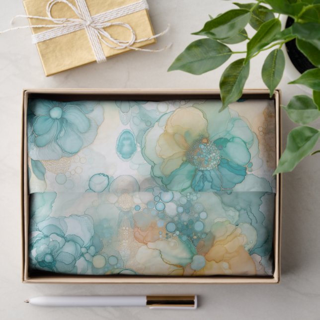 Teal Yellow Alcohol Ink Illustration Print Tissue Paper (Gift)