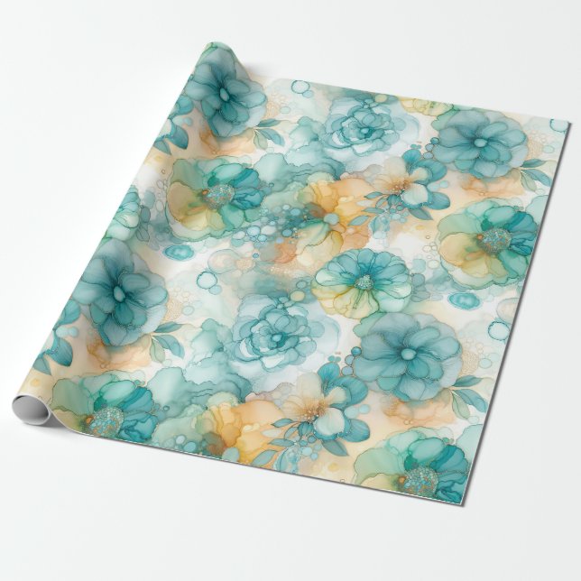Teal Yellow Alcohol Ink Illustration Print Wrapping Paper (Unrolled)