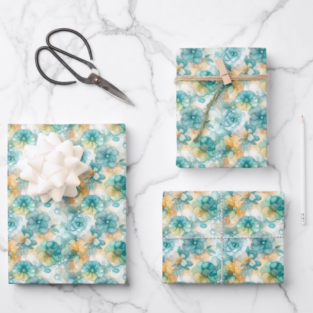 Teal Yellow Alcohol Ink Illustration Small Print Wrapping Paper Sheets (Front)