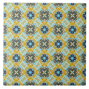 Teal, Yellow, and Grey Diamonds and Squares Patter Ceramic Tile