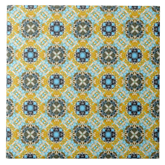 Teal, Yellow, and Grey Diamonds and Squares Patter Ceramic Tile (Front)