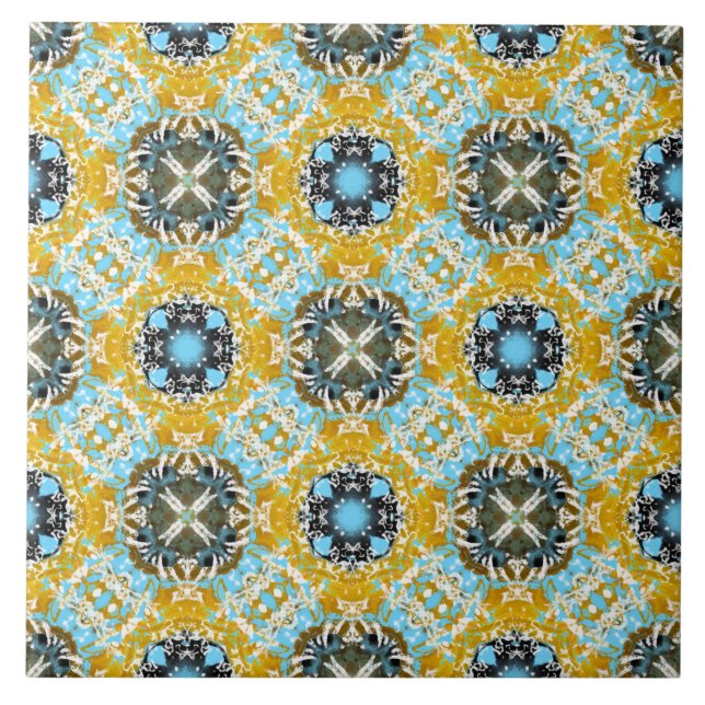 Teal, Yellow, and Grey Diamonds and Squares Patter Ceramic Tile (Front)