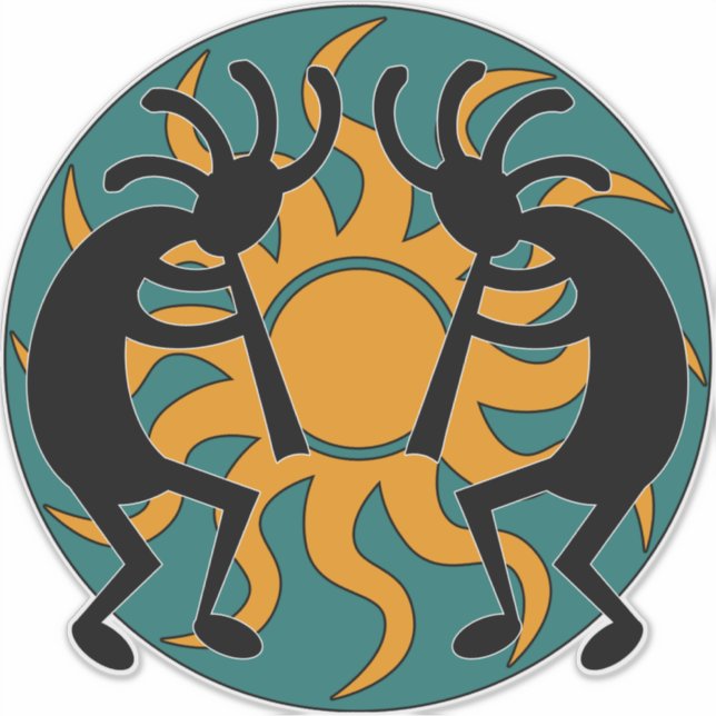 Teal Yellow Black Southwest Kokopelli Tribal Sun Sticker (Front)