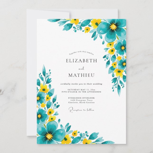 Teal Yellow Bloom Romance Wedding Invitation (Front)