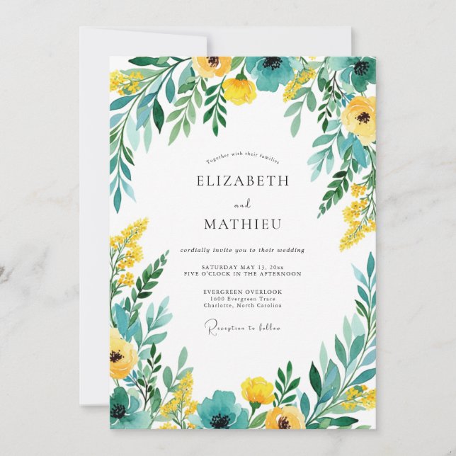 Teal Yellow Blooming Romance Wedding Invitation (Front)