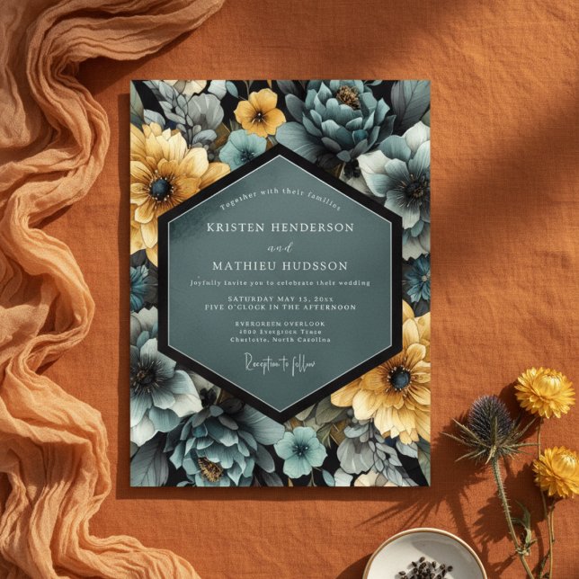 Teal Yellow Blossom Romance Wedding Invitation (Creator Uploaded)