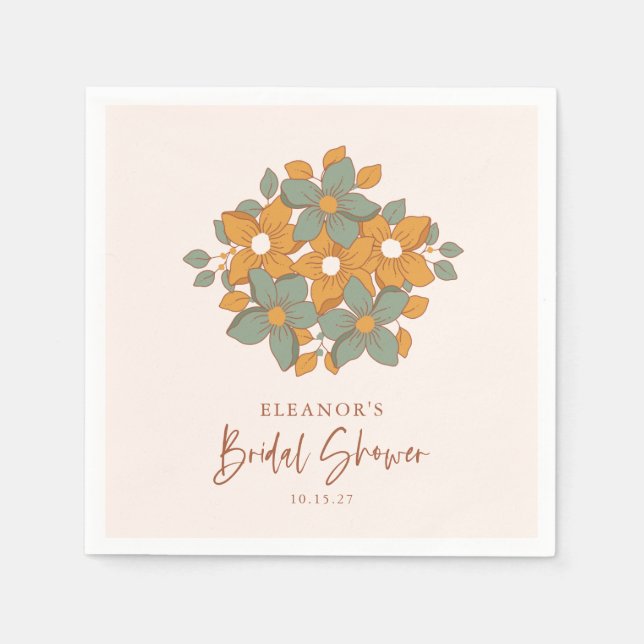 Teal Yellow Boho Retro Floral Bridal Shower Custom Napkins (Front)