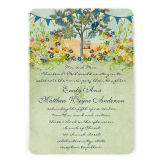 Teal Yellow Bunting Love Bird & Bird Cage Wedding Announcements