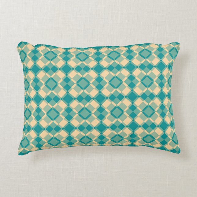 Teal Yellow Checker Argyle Pattern Accent Pillow (Front)