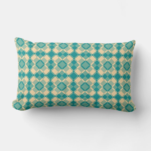 Teal Yellow Checker Argyle Pattern Lumbar Pillow (Front)