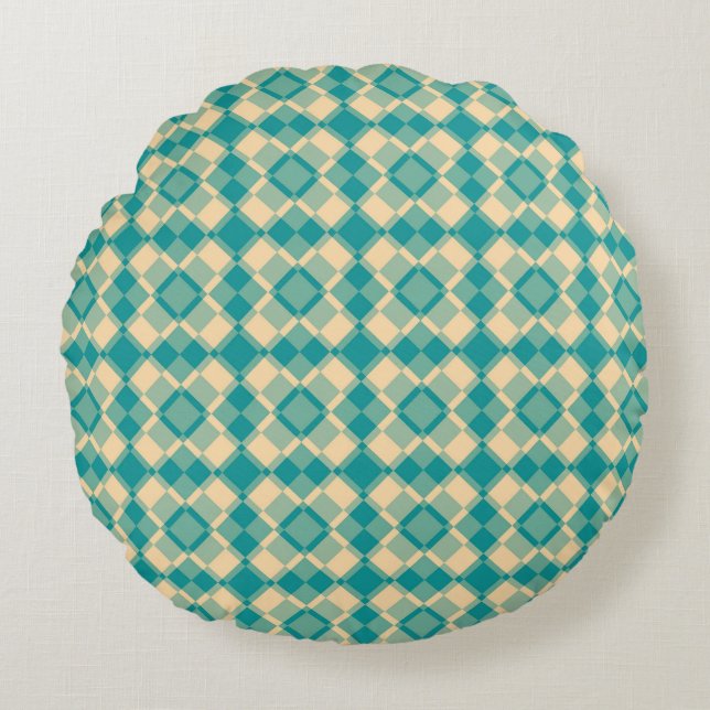 Teal Yellow Checker Argyle Pattern Round Pillow (Front)
