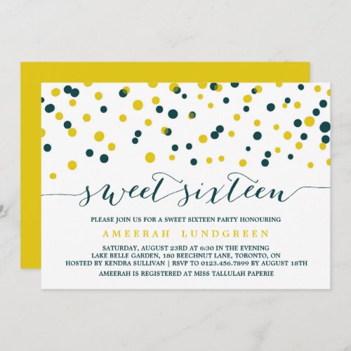 Teal  Yellow Confetti Dots Modern Sweet Sixteen Invitation