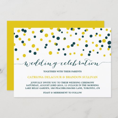 Teal  Yellow Confetti Dots Modern Wedding Invitation