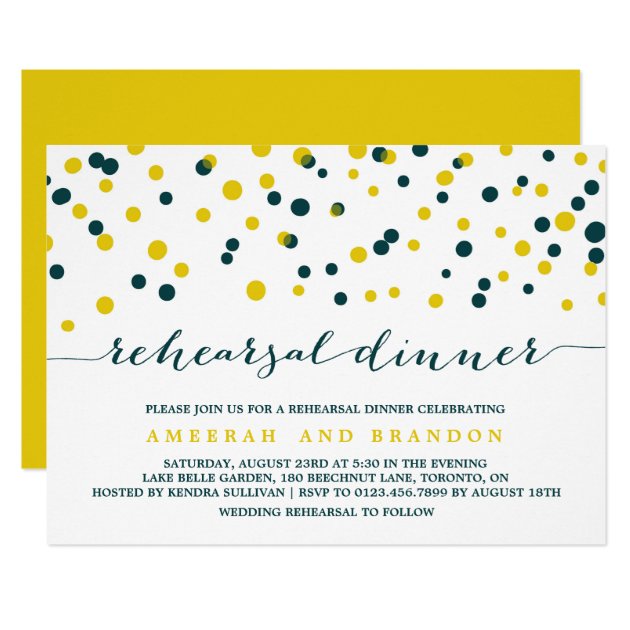 Teal & Yellow Confetti Dots Rehearsal Dinner Invitation