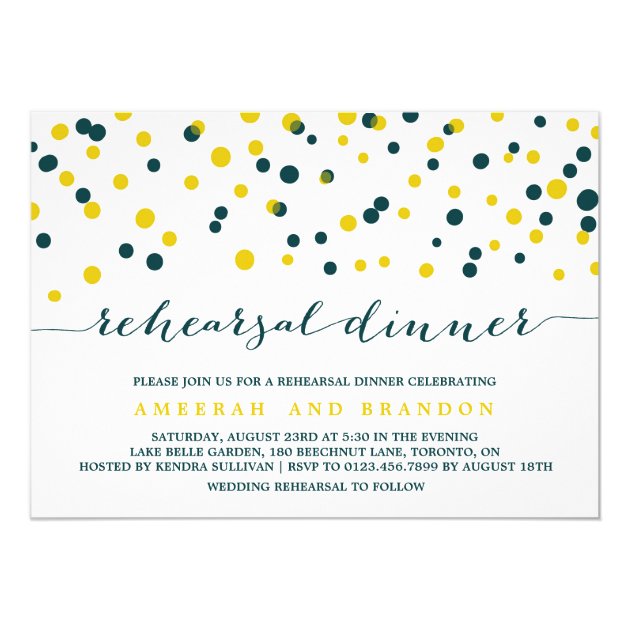 Teal & Yellow Confetti Dots Rehearsal Dinner Invitation