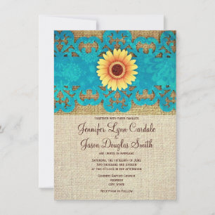 Teal Yellow Daisy Rustic Wedding Invitations
