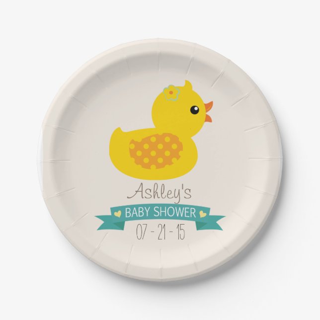 Teal & Yellow Duckling, Duck; Baby Shower Paper Plates (Front)