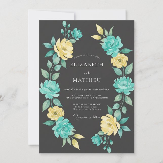 Teal Yellow Floral Botanical Wedding Invitation (Front)