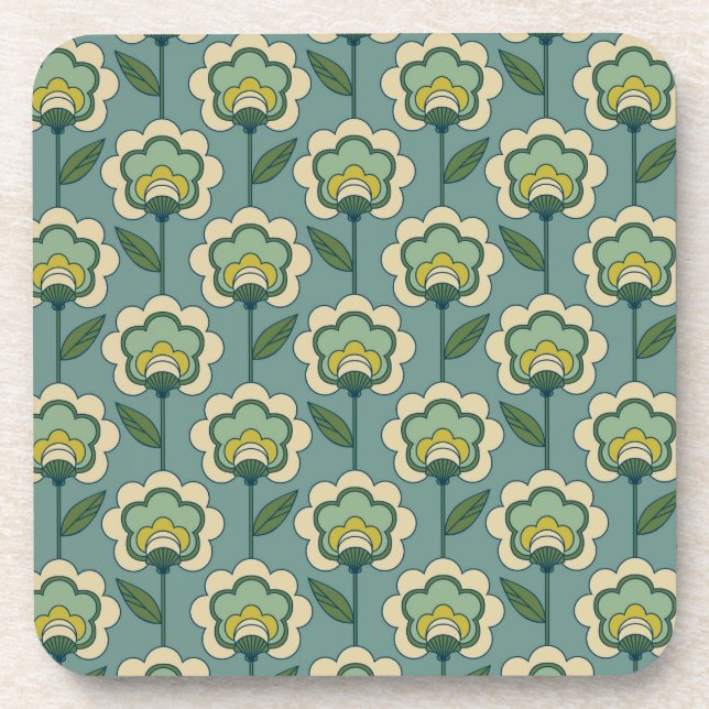 Teal & Yellow Floral Pattern Beverage Coaster (Front)