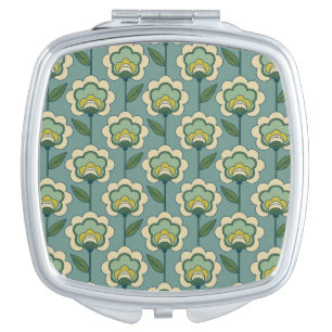 Teal & Yellow Floral Pattern Compact Mirror