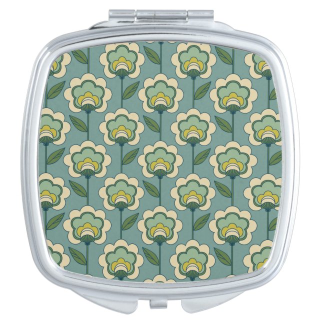 Teal & Yellow Floral Pattern Compact Mirror (Front)