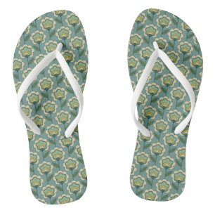 Teal & Yellow Floral Pattern Flip Flops