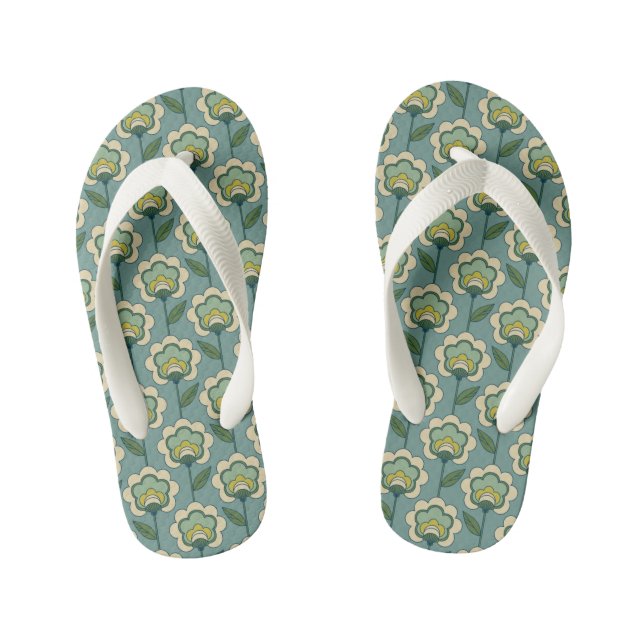 Teal & Yellow Floral Pattern Kid's Flip Flops (Footbed)
