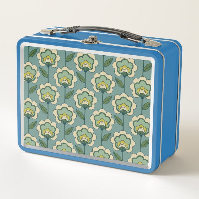 Teal & Yellow Floral Pattern Metal Lunch Box (Front)