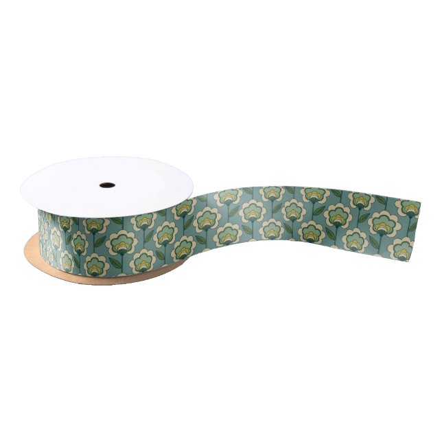 Teal & Yellow Floral Pattern Satin Ribbon (Spool)