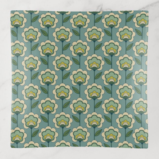 Teal & Yellow Floral Pattern Trinket Tray (Front)