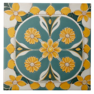 Teal Yellow Flowers Geometric Floral Mediterranean Ceramic Tile