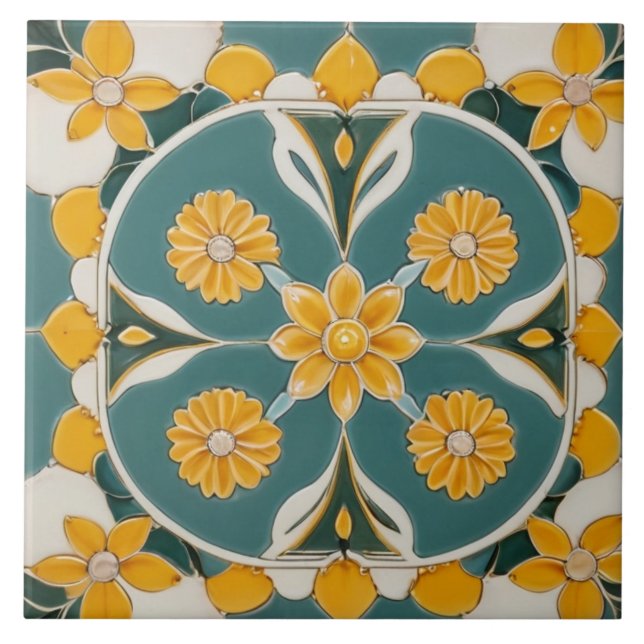 Teal Yellow Flowers Geometric Floral Mediterranean Ceramic Tile (Front)