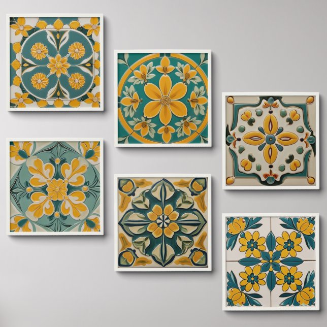 Teal Yellow Flowers Geometric Floral Mediterranean Peel And Stick Photo Tile (Front Set)