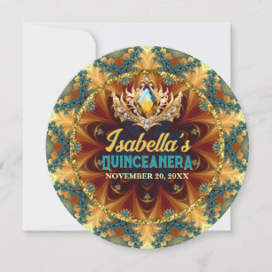 Teal Yellow Fractal Lace & Tiara Quinceañera Invitation