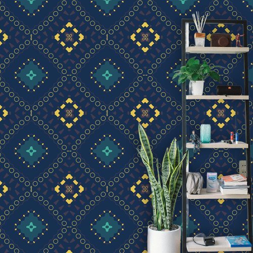 Teal Yellow Geometric Diamond Shapes on Deep Blue 