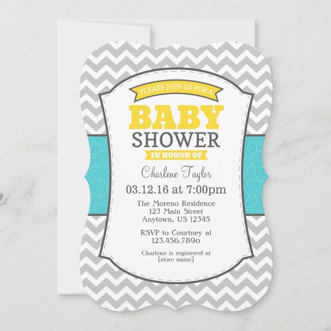 Teal Yellow Gray Chevron Baby Shower Invitation (Front)
