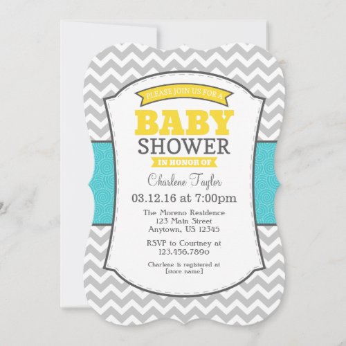 Teal Yellow Gray Chevron Baby Shower Invitation