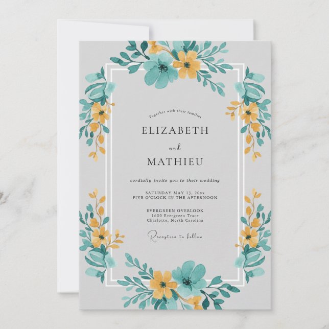 Teal Yellow Meadow Bloom Wedding Invitation (Front)