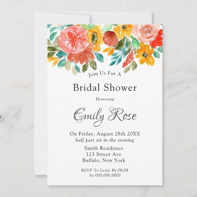 Teal Yellow Orange Peony Bridal Shower Invitation (Front)