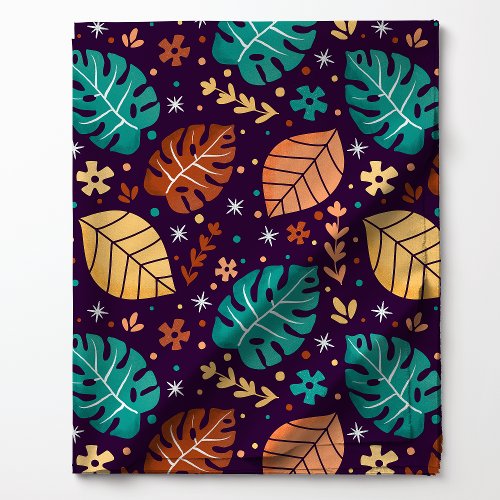 Teal Yellow Orange Tropical Monstera Leaf Pattern Fabric