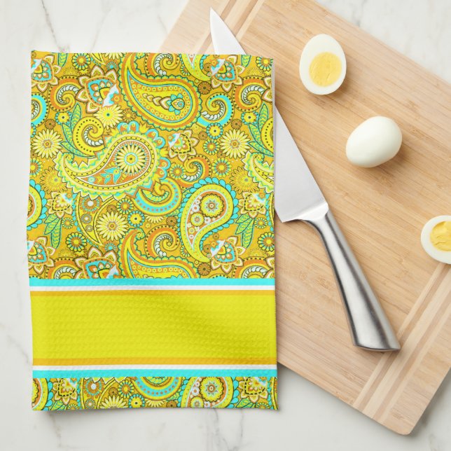Teal yellow paisley kitchen towel (Quarter Fold)