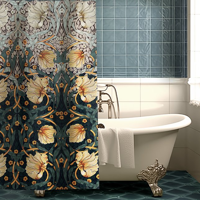 Teal Yellow Pimpernel William Morris Floral Shower Curtain (Creator Uploaded)